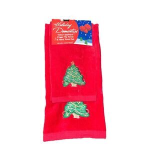 Holiday Domestics‎ Red Christmas Tree Tea Towel Set - Velour Appliqué NEW